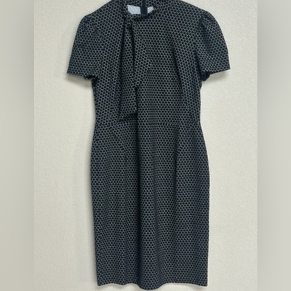 London Style Geometric Print Sheath Dress Size 16 Black White Neck Tie Detail - Picture 2 of 13